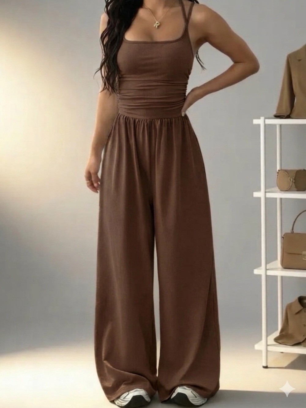 Women's Brown Wide-Leg Jumpsuit with Spaghetti Straps